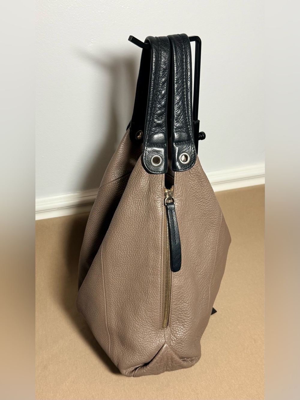 Furla Taupe Grey Pebbled Leather Hobo Shoulder Bag | Side Zip Expansion Panels - Picture 4 of 14